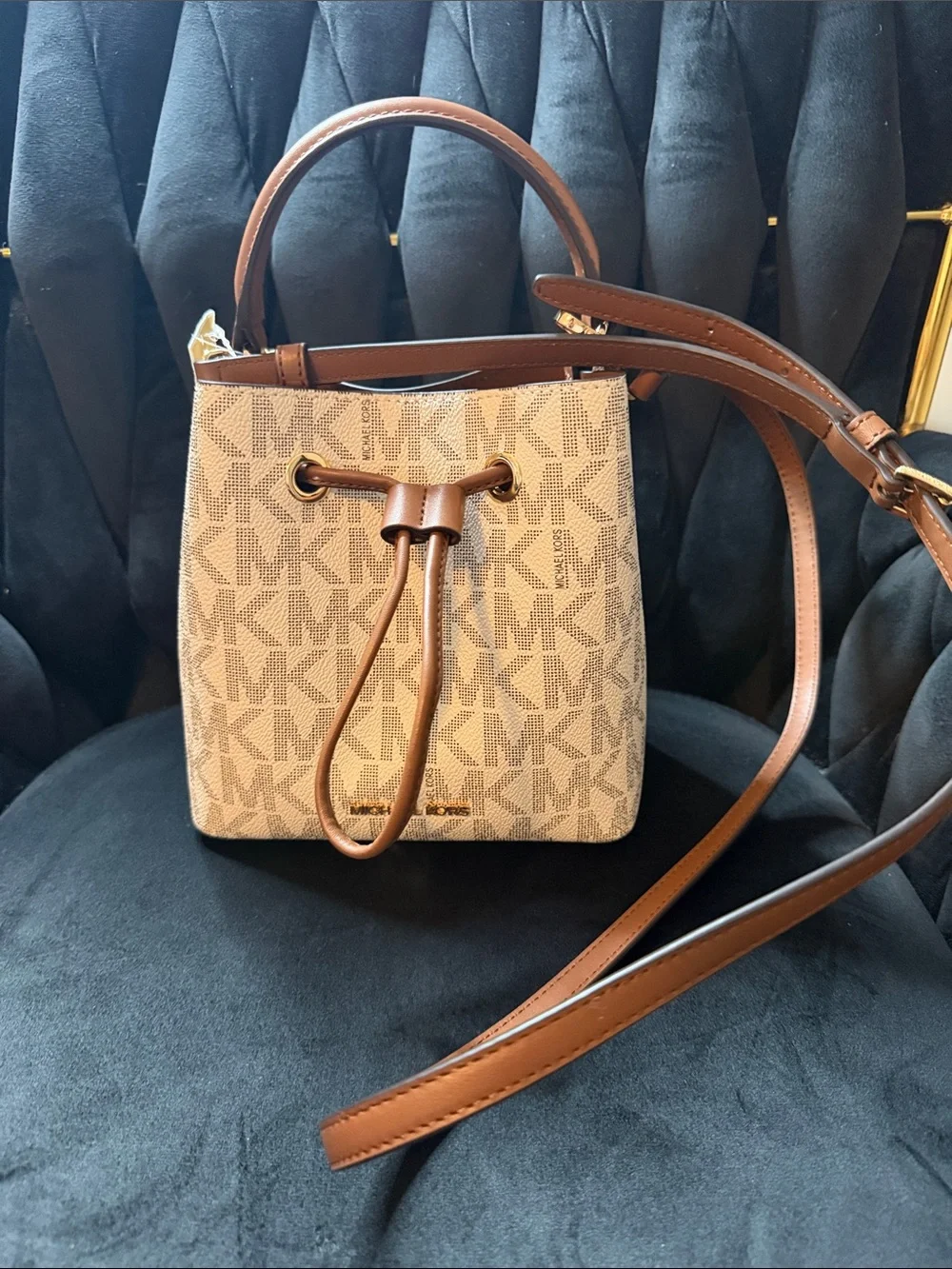 Michael Kors Beige Brown MK Monogram Bucket Crossbody